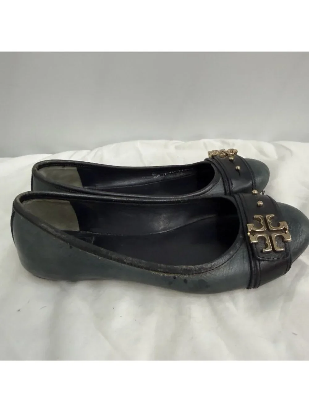 Tory Burch Reva Faded Teal Leather Ballet Flats Gold Logo Medallion Women’s 6.5M